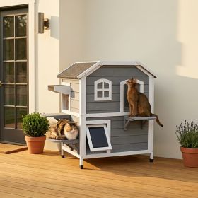 Â 2-story Cat House Outdoor, WeatherproofÂ Wooden Cat Enclosure for Feral Cats with Escape Door, Openable Roof, Jumping Platforms, Gray
