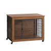 38.6" Dog Crate Furniture With Lockable Wheels Heavy Duty Wooden Dog Kennel With 2 Doors Steel Metal Pet Cage End Table Brown Indoor Dog House For Med
