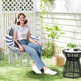 Hammock Swing Chair, Macrame Hanging Chair with Large Cushion, Chain, Steel Frame for Indoor Outdoor Use, Blue and White