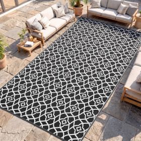 Reversible Outdoor Rug Carpet RV Camping Rugs with Carry Bag, 9' x 18', Black & White Clover