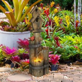 Outdoor Fountain with Birdhouse, Cascading Garden Waterfall Bird Bath with 3-Tier Rustic Tree Trunk / Log Design, Brown