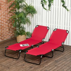 2 Piece Folding Chaise Lounge Pool Chairs, Outdoor Sun Tanning Chairs with 5-Level Reclining Back, Steel Frame, Red