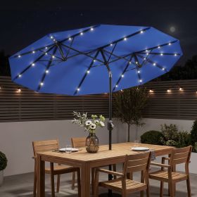 Double-sided Patio Umbrella, 9.7' Outdoor Umbrella with Tilt and Crank, LED Solar Light and 12 Ribs, Navy Blue