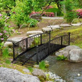 7' Metal Arch Garden Bridge Arc Footbridge with Side Railings Decorative Scrollwork, Black