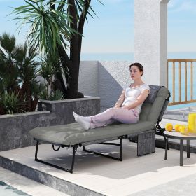 Folding Chaise Lounge Pool Chair with 4-level Reclining Back, Cushion, Side Pocket, Headrest, Gray