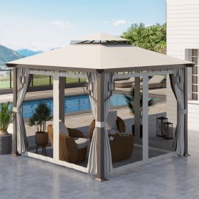 10' x 10' Patio Gazebo, Double Roof Outdoor Gazebo with Privacy Curtains, Mesh Netting, Aluminum Frame Outdoor Canopy Shelter, Cream White