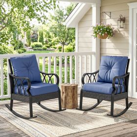 2 Piece Outdoor Wicker Rocking Chairs Rattan Porch Rockers with Cushions, Aluminum Frame for Garden, Patio, Blue