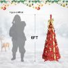 6Ft Red Pre-Lit Pop-Up Christmas Tree With 150 Warm White Led Ribbons Bow Flowers Snowflakes Pine Cones Red Ornaments Collapsible Artificial Christmas