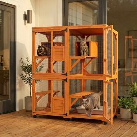 2PCs Wooden Catio with Waterproof Roof, Resting Box, Wheels, Orange
