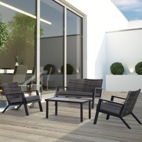 4 Piece Patio Furniture Set, 2 PE Wicker Chairs, Loveseat Sofa, Outdoor Coffee Table, Soft Cushions, Black