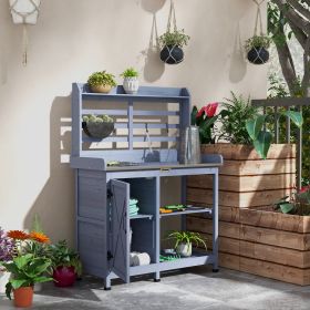 Wooden Potting Bench with Storage, Aluminum Tabletop for Backyard, Patio, Balcony, Gray