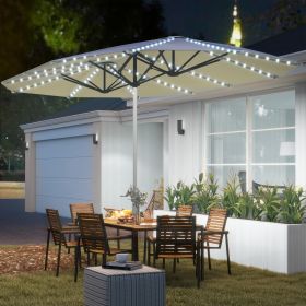 15ft Double-Sided Outdoor Umbrella with Solar Lights, UPF50+ Extra Large Aluminum Patio Umbrella with Crank, Cream White