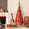 6Ft Red Pre-Lit Pop-Up Christmas Tree With 150 Warm White Led Ribbons Bow Flowers Snowflakes Pine Cones Red Ornaments Collapsible Artificial Christmas