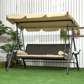 3-Seat Patio Swing Chair, Outdoor Canopy Swing Glider with Removable Cushion, Pillows, Adjustable Shade, and Rattan Seat