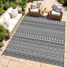 Reversible Outdoor Rug Carpet RV Camping Rugs with Carry Bag, 8' x 10', Gray & Cream White Boho