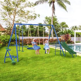 693 lbs Metal Swing Set for Kids, 5 in 1 Outdoor Playset with Heavy Duty A-Frame Stand, 29.5" Saucer Swing, Slide, Blue