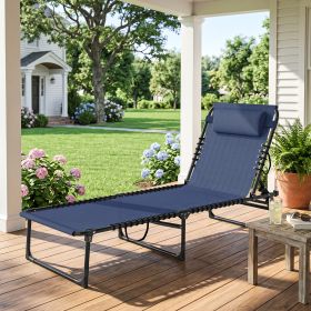 Folding Chaise Lounge Pool Chair with 4-Position Reclining Back, Pillow, Breathable Mesh & Bungee Seat, Dark Blue