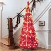 6Ft Red Pre-Lit Pop-Up Christmas Tree With 150 Warm White Led Ribbons Bow Flowers Snowflakes Pine Cones Red Ornaments Collapsible Artificial Christmas