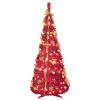 6Ft Red Pre-Lit Pop-Up Christmas Tree With 150 Warm White Led Ribbons Bow Flowers Snowflakes Pine Cones Red Ornaments Collapsible Artificial Christmas