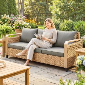 Rattan Wicker Sofa 3-Seater Outdoor Patio Sofa with Cushions for Garden Backyard Porch Gray
