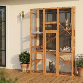 Outdoor Catio Cat Enclosure, Large Wooden Cat House with 6 Jumping Platforms, Scratching Post, 2 Ramps, for 2-3 Kittens