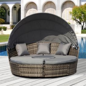 4-Piece Round Convertible Daybed with Cushions, Outdoor PE Rattan Patio Wicker Sofa Set, Dark Gray