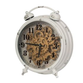 Classic Metal Table Clock with Gears Front and Distressed Details, White and Gold