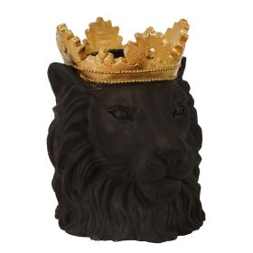 16 Inch Modern Decorative Lion Figurine Statue, Polyresin, Crown Top, Espresso