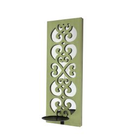 Quatrefoil Pattern Wooden Candle holder Set of 2 with Mirror Insert, Green