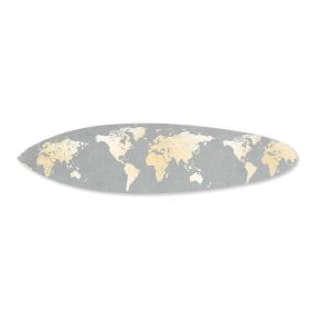 Wooden Surfboard Wall Art with World Map Print, Gray and White
