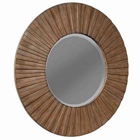 Transitional Sunburst Round Mirror with Wooden Frame, Brown