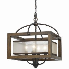 4 Bulb Semi Flush Pendant with Wooden Frame and Organza Striped Shade,Brown