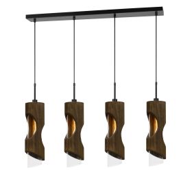 4 Light Metal Frame Pendant Fixture with Wooden and Glass Shades, Brown