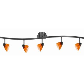 5 Light 120V Metal Track Light Fixture with Glass Shade, Black and Orange