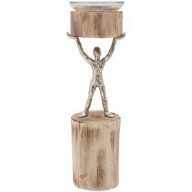 14 Inch Wooden Standing Man Candle Holder, Brown and Silver