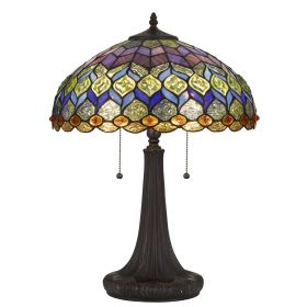 120 Watt Tiffany Table Lamp with Engraved Base, Multicolor