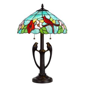 22 Inch Classic Table Lamp, Bird Art Stained Glass Shade, Antique Bronze
