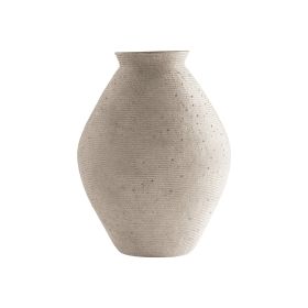 Dale 17 Inch Round Polyresin Vase, Tightly Ribbed Texture, Antique Beige