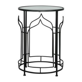 23 Inch Modern Side Table, Glass Top, Geometric Design, Set of 2, Black