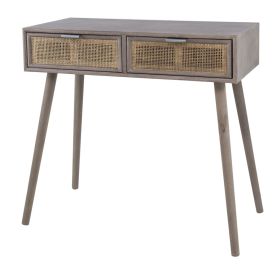 Pia 31 Inch Console Table, Pine Wood, 2 Drawer, Woven Rattan, Rustic Brown