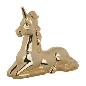 11 Inch Sitting Unicorn Figurine, Ceramic Statuette in Gold Metallic Finish