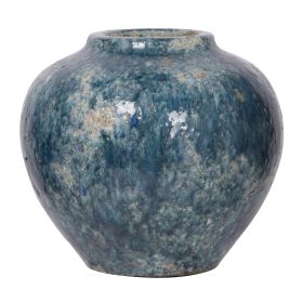 10 Inch Small Round Terracotta Vase, Subtly Curved, Textured Blue Finish