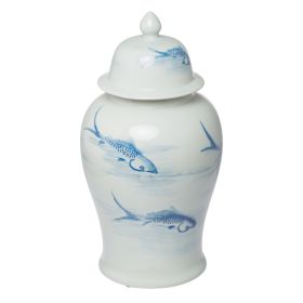 19 Inch Ginger Jar, Lidded, Painted Blue Koi Fish Over White Porcelain