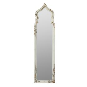 73 Inch Floor Mirror with Ornate Sculpted Top, Fir Wood, Weathered White