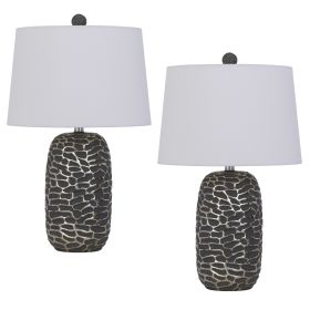 25 Inch Oval Table Lamp, Set of 2, White Fabric Drum Shade, Black, Silver