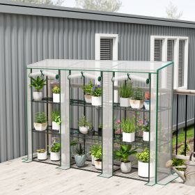 84.6" x 18.1" x 56.7" Lean-to Mini Greenhouse, 3-Tier Shelves, 3 Roll-Up Doors, PE Cover, White