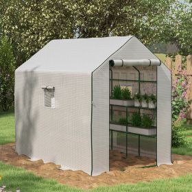 Portable Greenhouse, Water/UV Resistant Walk-In Small Outdoor Green House with 2 Tier Flower Rack Shelves, White