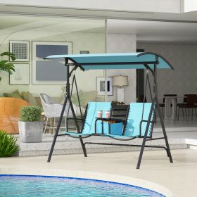 2 Person Porch Swing with Canopy, Storage Table, Cup Holder, Blue