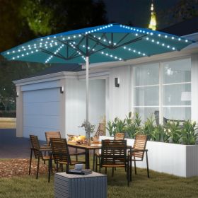 15ft Double-Sided Outdoor Umbrella with Solar Lights, UPF50+ Extra Large Aluminum Patio Umbrella with Crank, Blue
