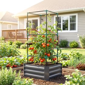 Galvanized Planter Box, 24" x 24" x 55" Raised Garden Bed with Tomato Cage for Climbing Vines, Dark Gray